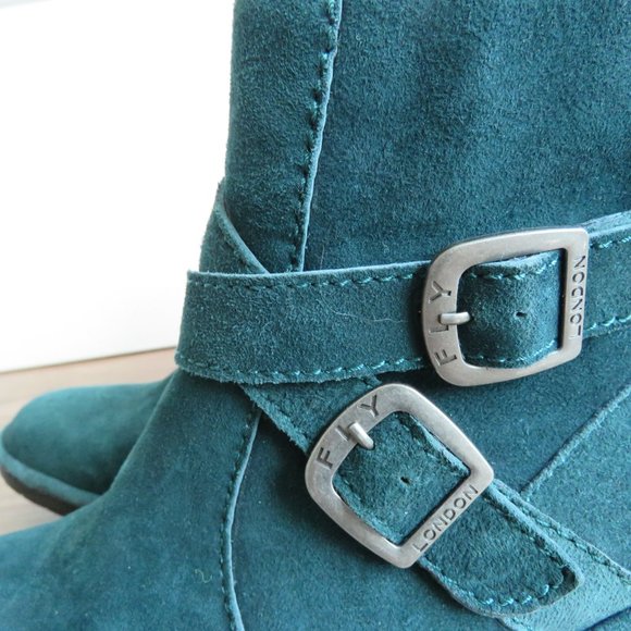 FLY LONDON Perz Suede Leather Ankle Wedge Buckle Boots Dark Petrol Size US 7.5/8 - Picture 9 of 16